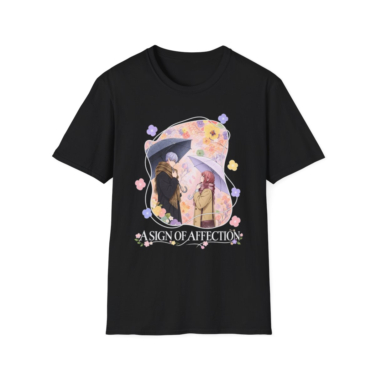 Moonlit Romance illustration T-Shirt | 'Sign of Affection' floral design | A Sign of Affection Anime Merch - alternate angle 2, merchandise