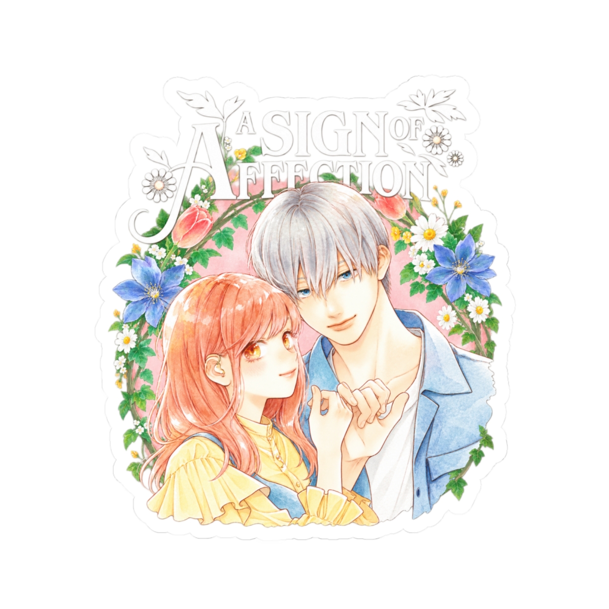 Romantic Couple Illustration Kiss-Cut Stickers | Anime Floral Lovers Sticker | A Sign of Affection Anime Merch - alternate angle 2, merchandise